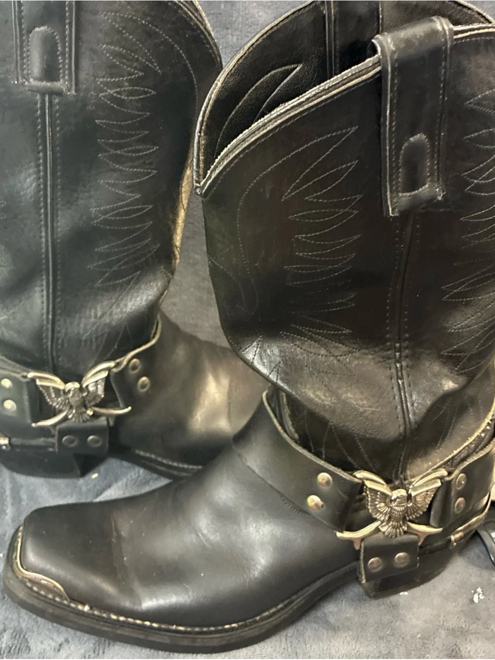 Men's Black Leather Harness Boots - Classic Western Style